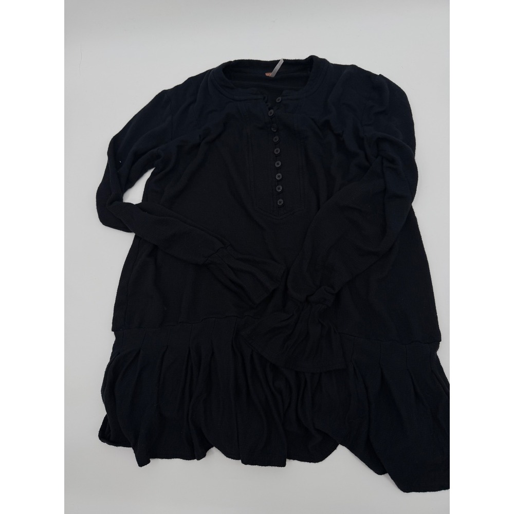 Free People Size XS Black Long Sleeve Button Up Peasant Tunic Top Ruffle Hem - Picture 5 of 5